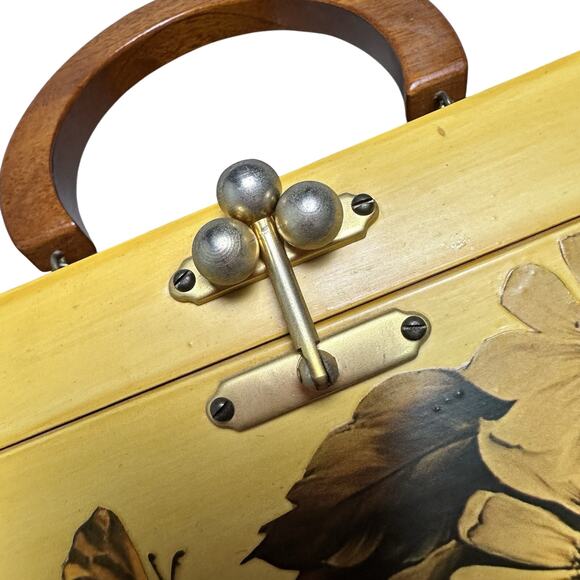 Vintage Wooden Folk Art Brown Yellow Floral Décolletage 1960s Purse Mirror Retro - Picture 12 of 12